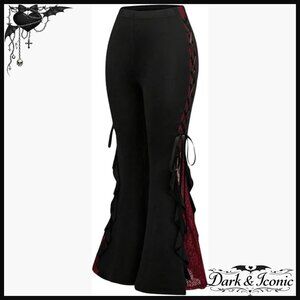 Flare Bell Bottom Pants with Lace Patchwork, Elastic Waist, High Rise